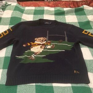 Polo by Ralph Lauren Navy Sweater with Bear Design. Vintage Polo Rugby.